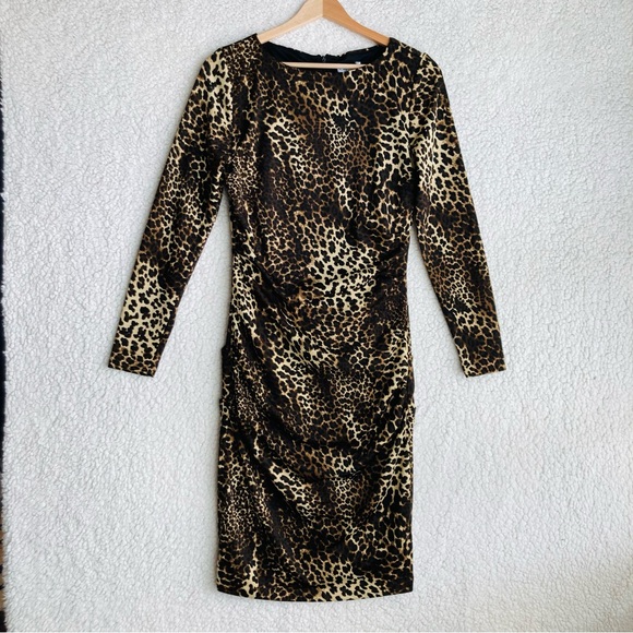 Carmen Marc Valvo leopard print long sleeve jersey knit bodycon midi dress, Sz M - Picture 4 of 16